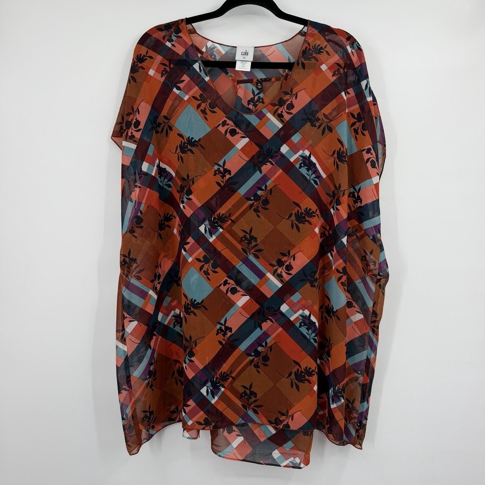 CAbi Blouse Womens XL 3773 Orange Plaid Kimono Sleeve Lightweight Lined Lattice